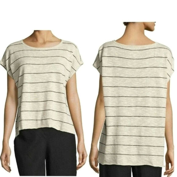 Eileen Fisher Linen Striped Top Short Sleeve Hi Low Loose Fit Tan & Black Small - Picture 15 of 16